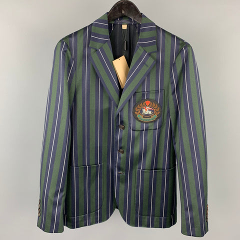 BURBERRY Talla 36 Regular Traje con solapa de muesca de lana / algodón con rayas verticales verde y azul marino