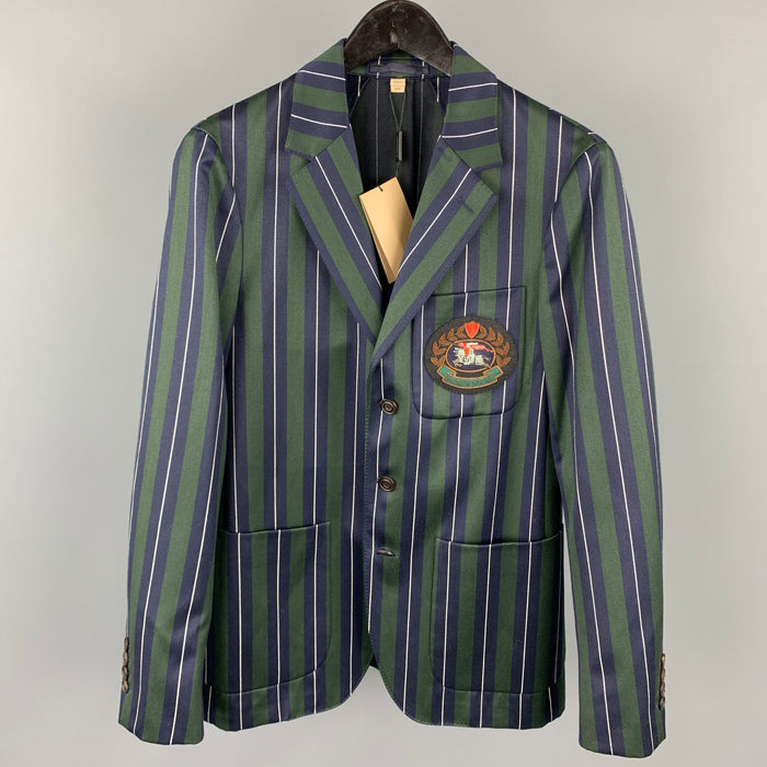 BURBERRY Size 36 Regular Green & Navy Vertical Stripe Wool / Cotton Notch Lapel Suit