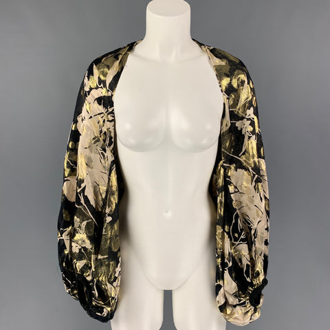 RALPH LAUREN Black Label Taille S Or Noir Soie Floral Shrug Casual Top