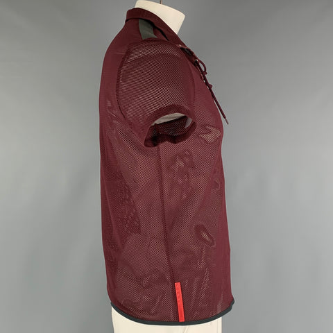 PRADA Size L Burgundy See-Through Polyester Lace Up Short Sleeve Shirt