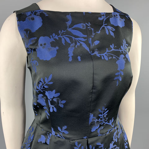 OSCAR DE LA RENTA Size 12 Black & Blue Floral Satin Sleeveless Cocktail Dress