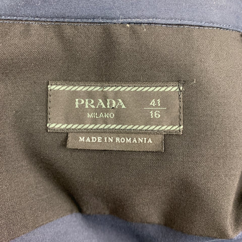 PRADA Size M Navy & Black Color Block Cotton Blend Mixed Fabrics Long Sleeve Shirt