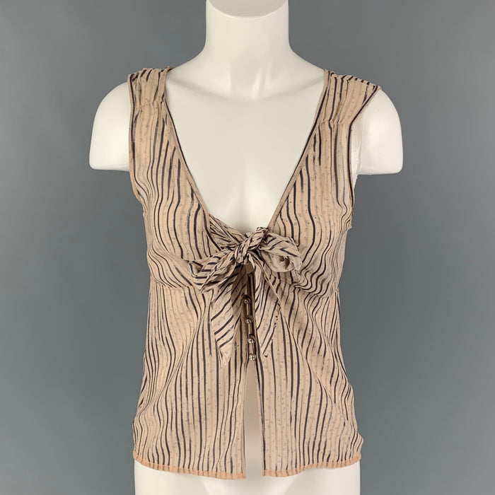 CHANEL M2008 03A Size 8 Pink Grey Silk Stripe Empire Waist Casual Top