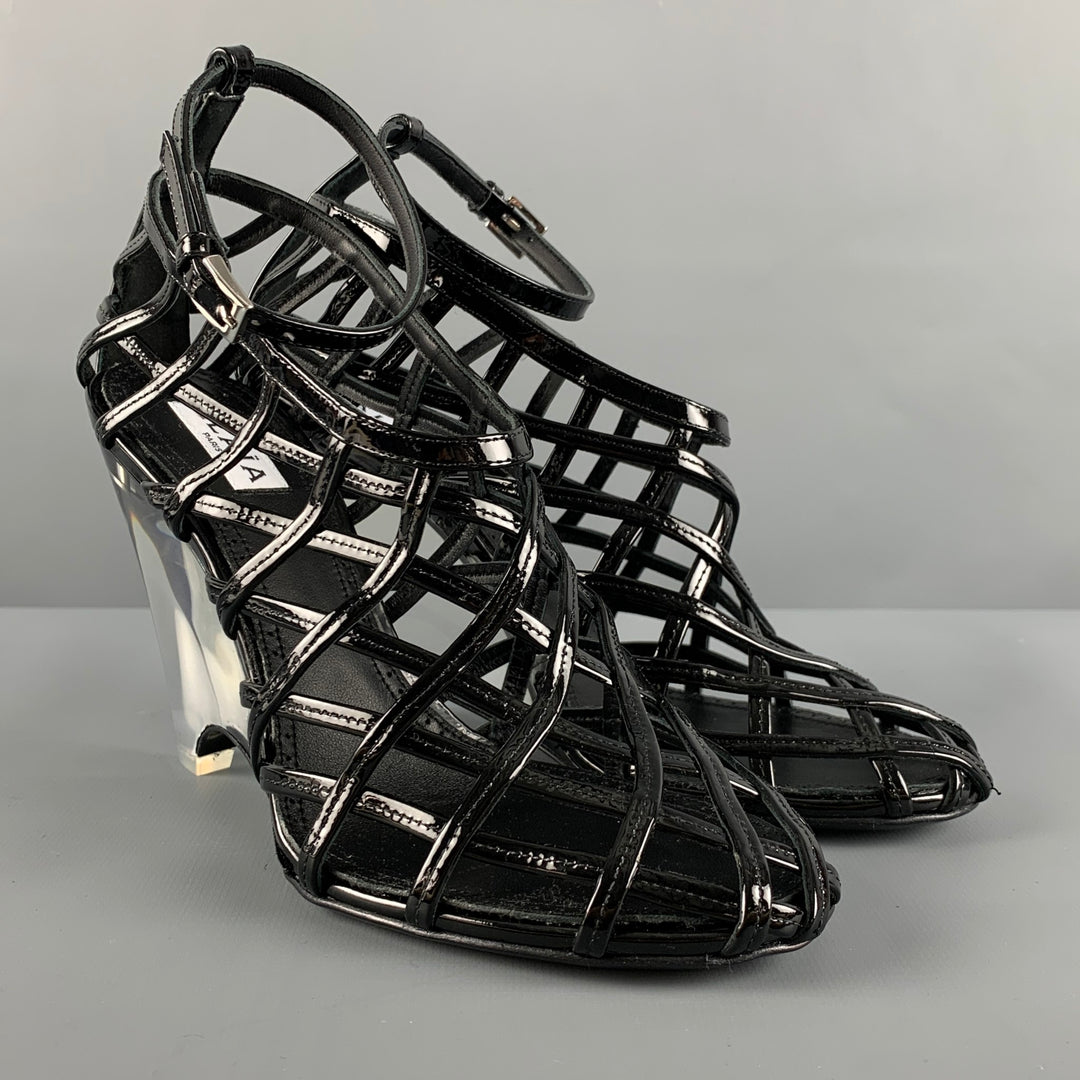 ALAIA Size 7 Black Caged Patent Leather Wedge Sandals