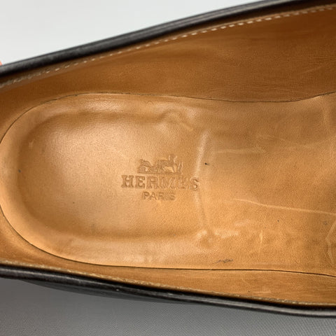 HERMES Size 12.5 Black Antique Leather Slip On Loafers