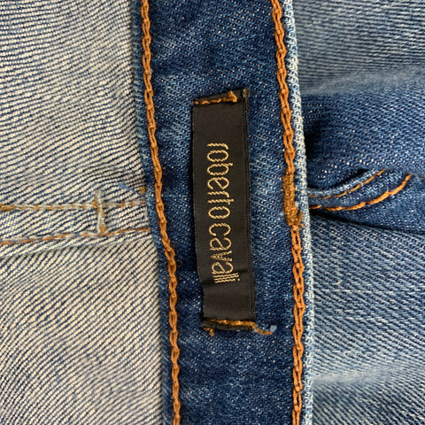 ROBERTO CAVALLI Taille 6 Short en coton/polyuréthane à ourlet zébré indigo et marron