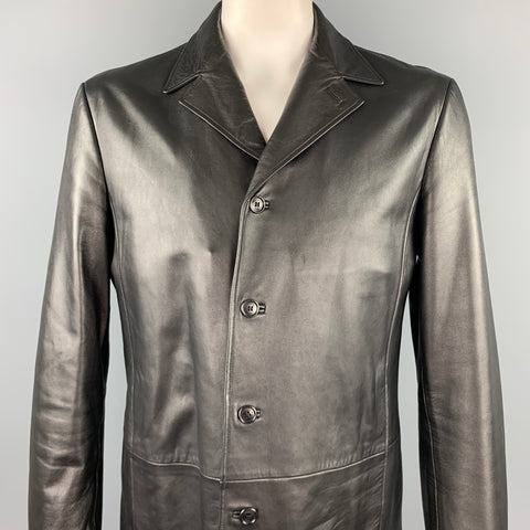 HUGO BOSS Size 40 Black Leather Notch Lapel Buttoned Jacket