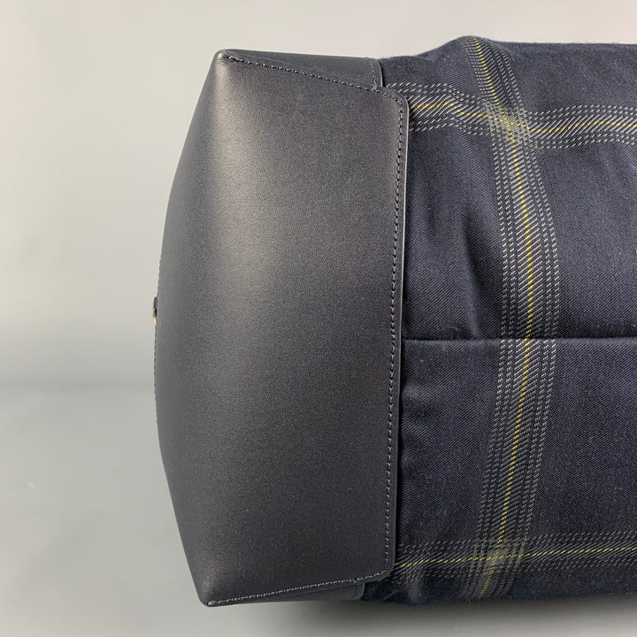 PAUL SMITH Navy Gold Plaid Leather Trim Canvas Weekender Bag