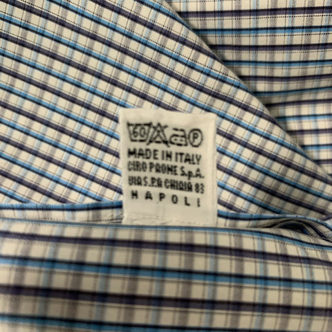 KITON Size XL White, Blue & Grey Checkered Cotton Button Down Long Sleeve Shirt