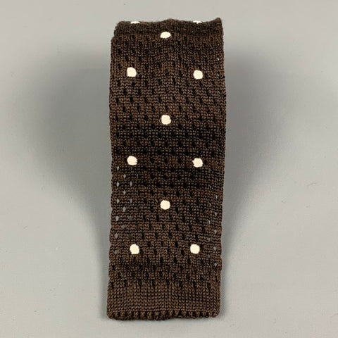 SUITSUPPLY Brown White Polka Dot Silk Linen Tie