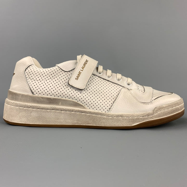 SAINT LAURENT Size 9 White Perforated Leather Low Top Sneakers