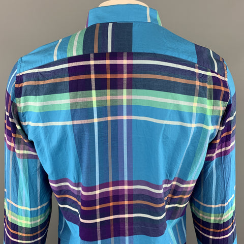PAUL SMITH Size XL Plaid Aqua Cotton Button Up Pointed Collar Long Sleeve Shirt