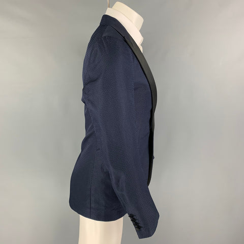 LANVIN Size 36 Navy Black Textured Silk Cotton Peak Lapel Sport Coat