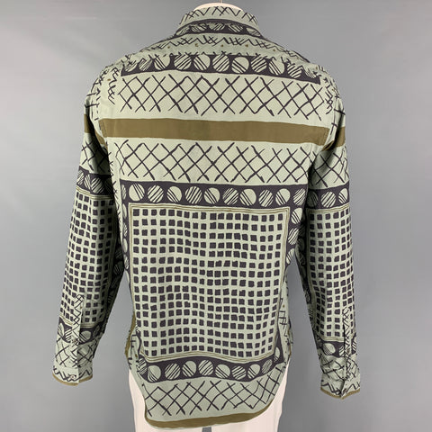 BURBERRY PRORSUM Spring 2013 Size XL Green Black Print Cotton Long Sleeve Shirt