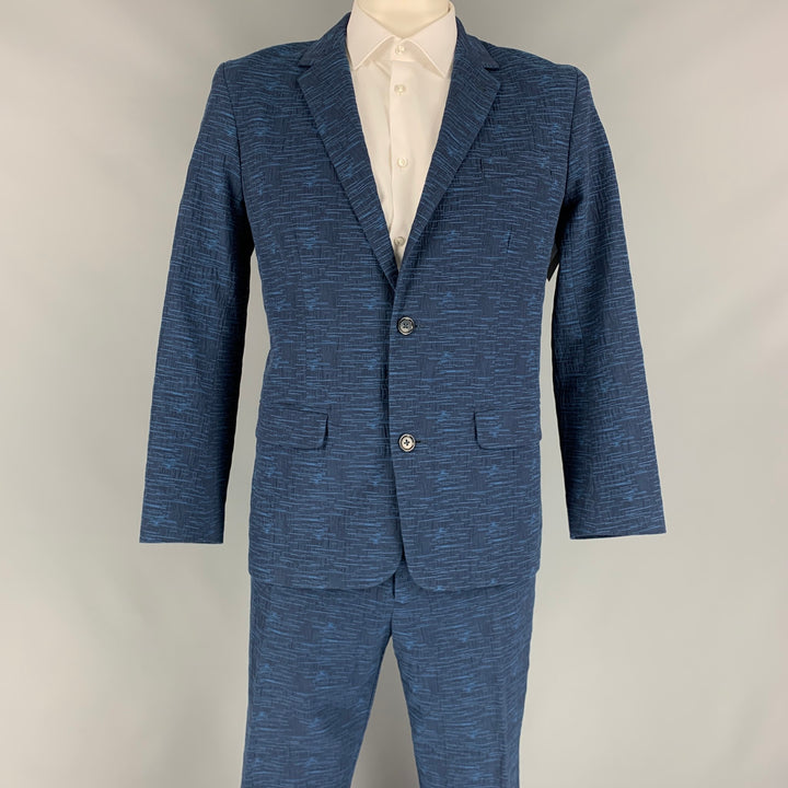 MR TURK Size 42 Navy & Blue Textured Cotton Single Breasted Suit