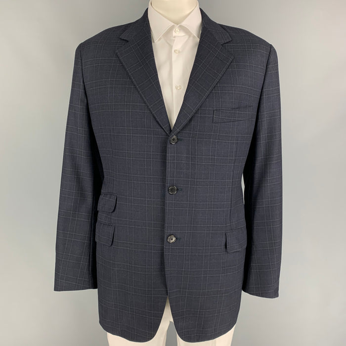 HERMES Size 46 Navy Grey Plaid Wool Sport Coat