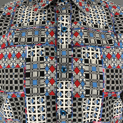 ROBERT GRAHAM Talla XL Camisa de manga larga con botones de algodón de patchwork blanca