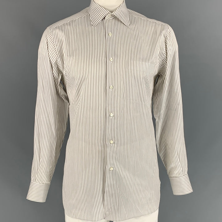 ERMENEGILDO ZEGNA Size L White & Brown Stripe Cotton Button Down Long Sleeve Shirt