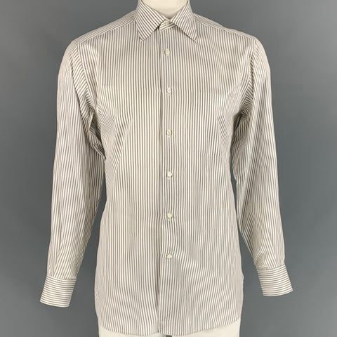 ERMENEGILDO ZEGNA Talla L Camisa de manga larga con botones de algodón a rayas blancas y marrones