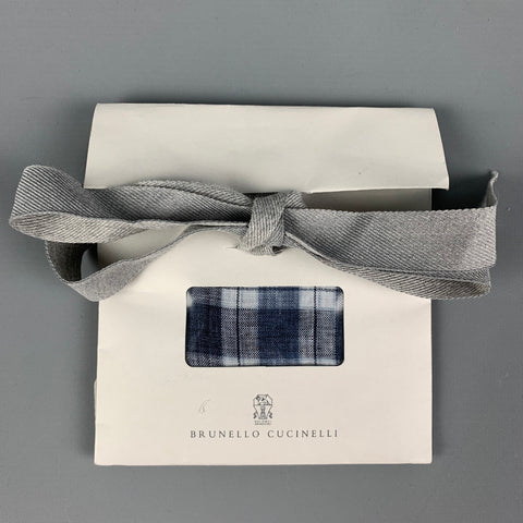 BRUNELLO CUCINELLI Navy Blue Brown Plaid Linen Pocket Square