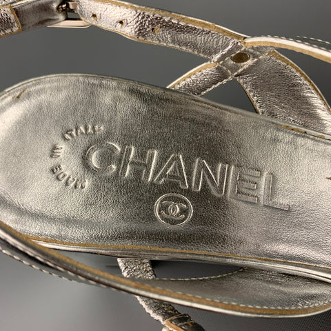 CHANEL Size 9.5 Silver Leather Strappy Sandals