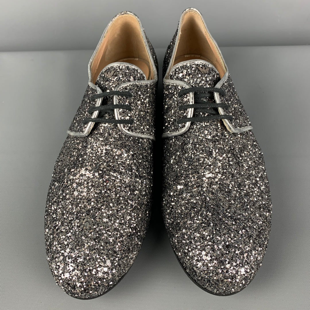 EMPORIO ARMANI Size 9.5 Silver Leather Glittered Lace Up Shoes