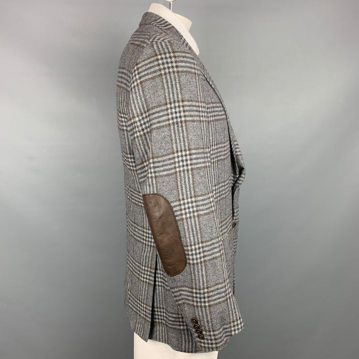 ERMENEGILDO ZEGNA Size 48 Regular Grey & Brown Plaid Cashmere Sport Coat