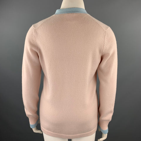 CHANEL Size 10 Pink Knitted Blue Trim Cashmere Cardigan