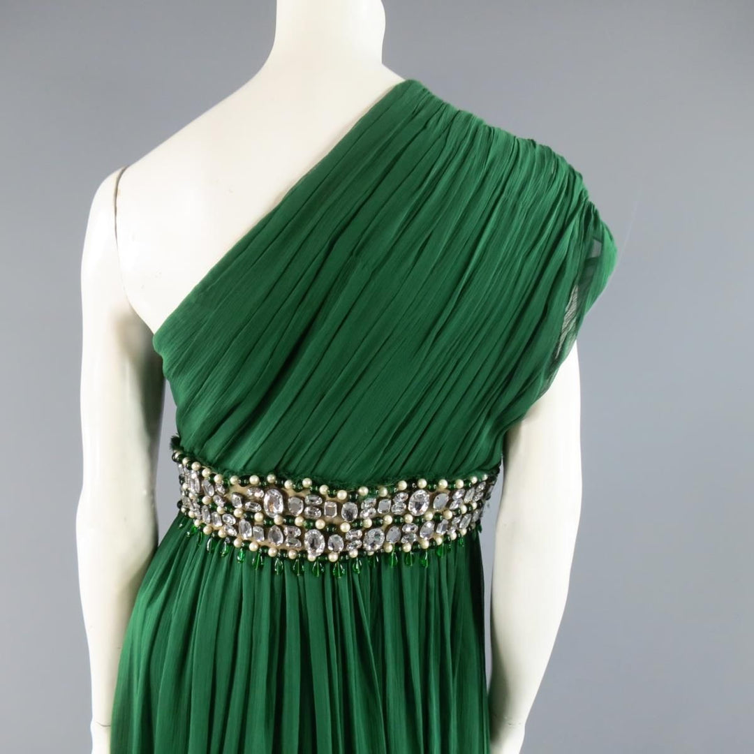 NAEEM KHAN Vestido de noche con cintura de cristal y un hombro de seda verde esmeralda, talla 8
