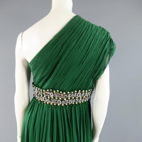 NAEEM KHAN Taille 8 Robe de soirée en soie vert émeraude à une épaule et taille en cristal