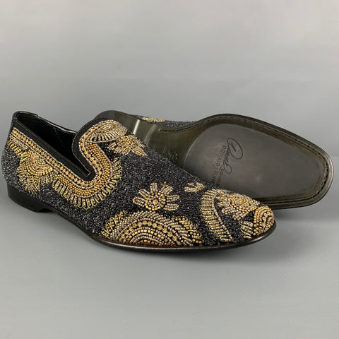 DONALD J PLINER Size 9 Black Silver Gold Beaded Leather Slip On Loafers