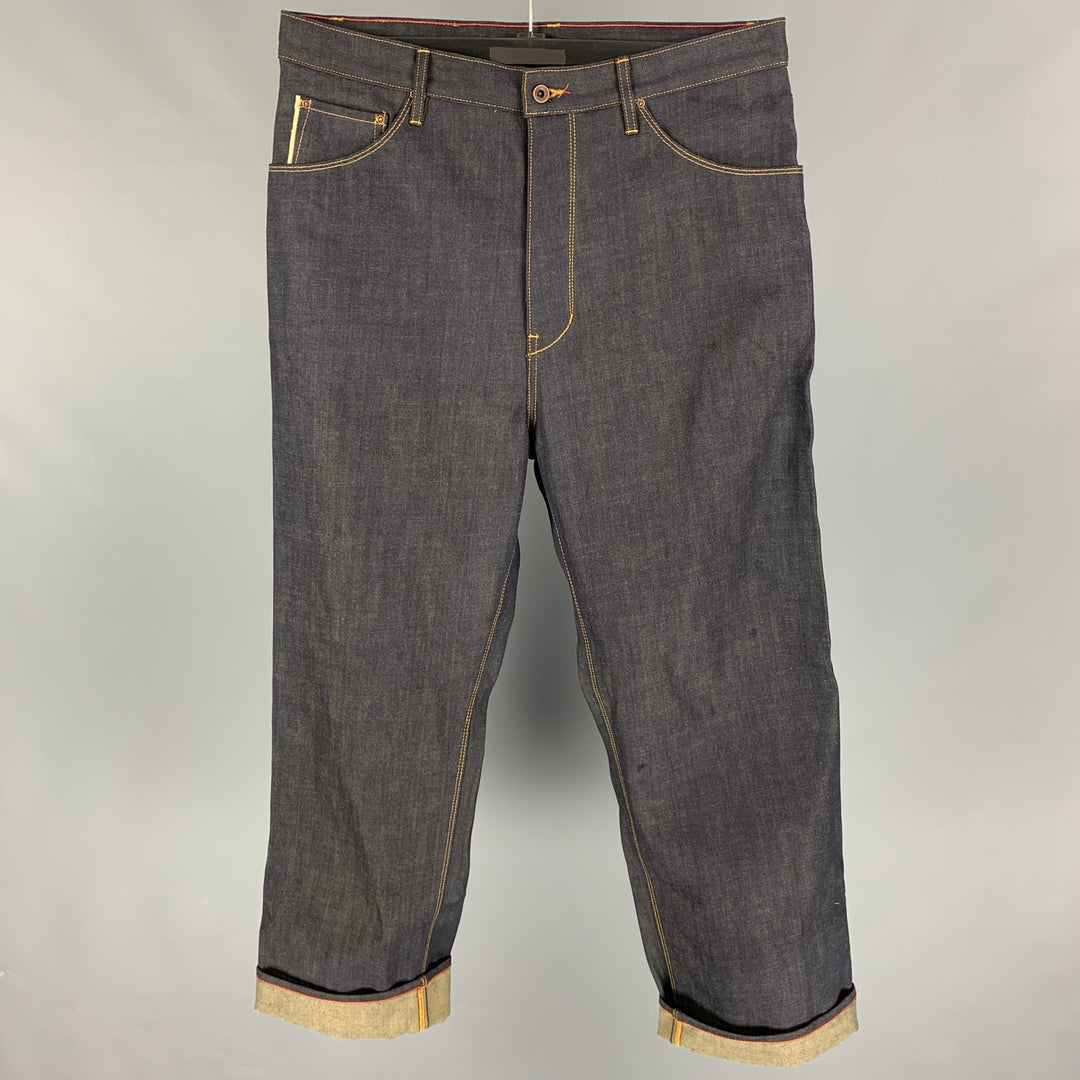 RALEIGH Size 34 Indigo Contrast Stitch Selvedge Denim Wide-Leg High Waisted Rovan Jeans