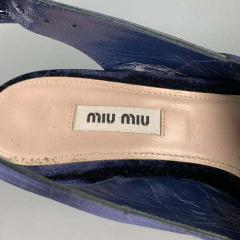 MIU MIU Sandales à plateforme en velours bleu marine à talons épais, taille 8