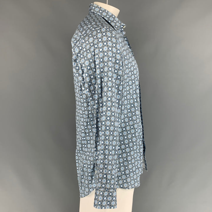 ETRO Size XL Blue & White Abstract Floral Cotton Long Sleeve Shirt
