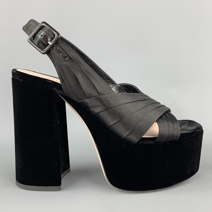 MIU MIU Size 8 Black Satin Chunky Heel Platform Sandals