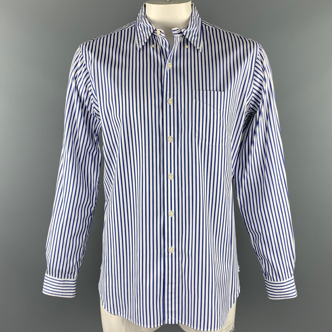 RALPH LAUREN Talla L Camisa de manga larga con botones de algodón a rayas blancas y azules