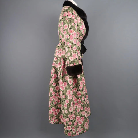 BILL BLASS Size 8 Pink & Green Rose Print Cocktail Dress & Mink Jacket Set BILL BLASS