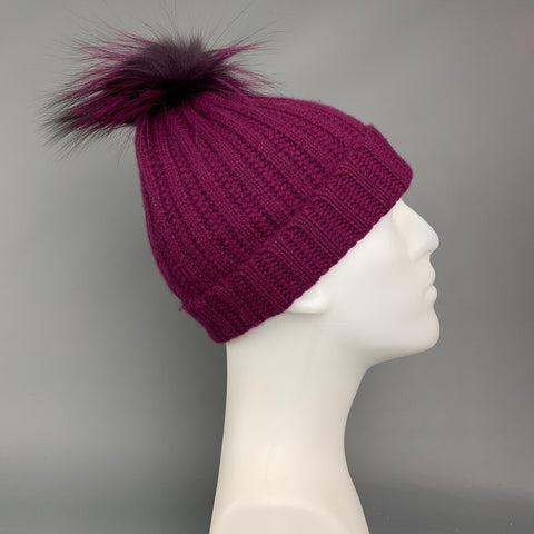 AMICALE Purple Knitted Cashmere Fox Fur Pom Pom Beanie