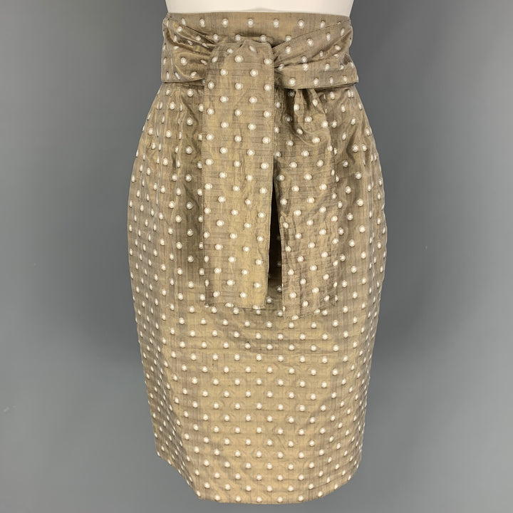 BILL BLASS Size 6 Taupe White Dots Pencil Mid-Calf Skirt
