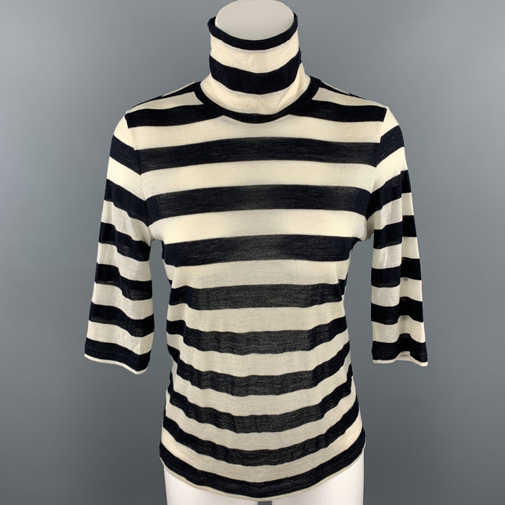 MAX MARA Size L Black & White Knitted Stripe Turtleneck Pullover