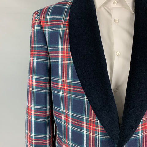 PAUL FREDERICK Size 46 Navy Red Green Plaid Wool Shawl Collar Sport Coat