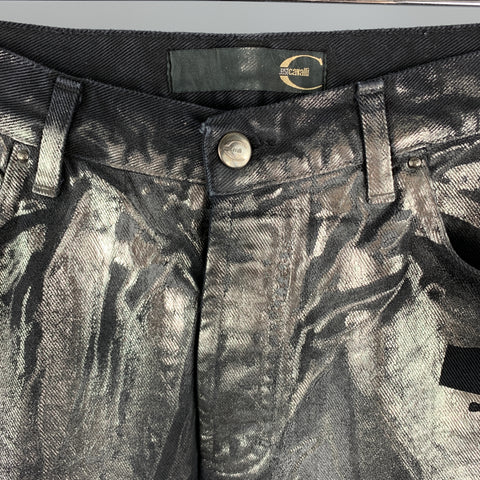 JUST CAVALLI Size 30 Black & Silver Metallic Painted Denim Pistol Jeans