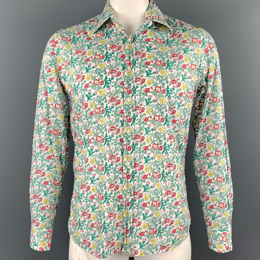 LIBERTY OF LONDON Talla L Camisa de manga larga con botones de algodón floral blanco y verde