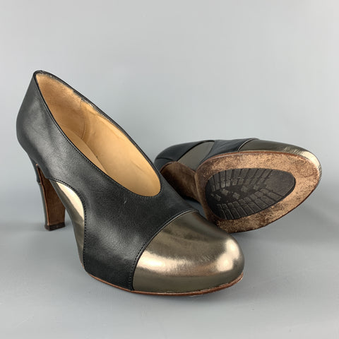 ELLEN VERBEEK Size 8.5 Black & Silver Leather Leather Pumps