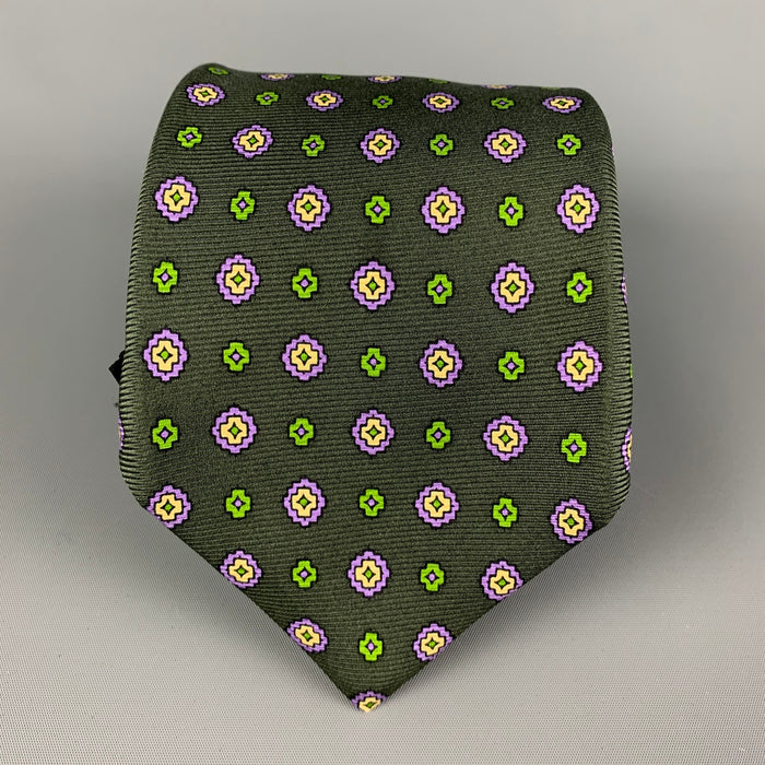 KITON Dark Green Purple Abstract Floral Silk Tie