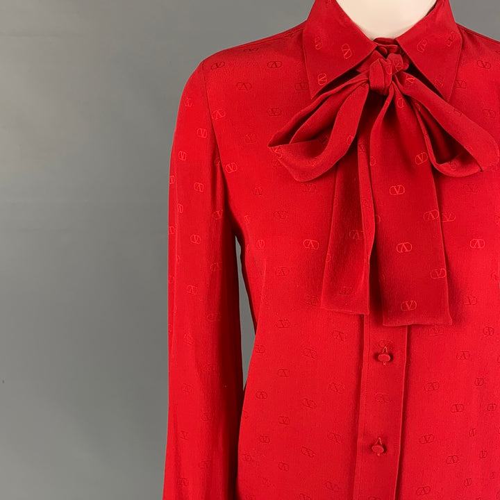 VALENTINO Size 2 Red Silk Logo Long Sleeve Dress Top