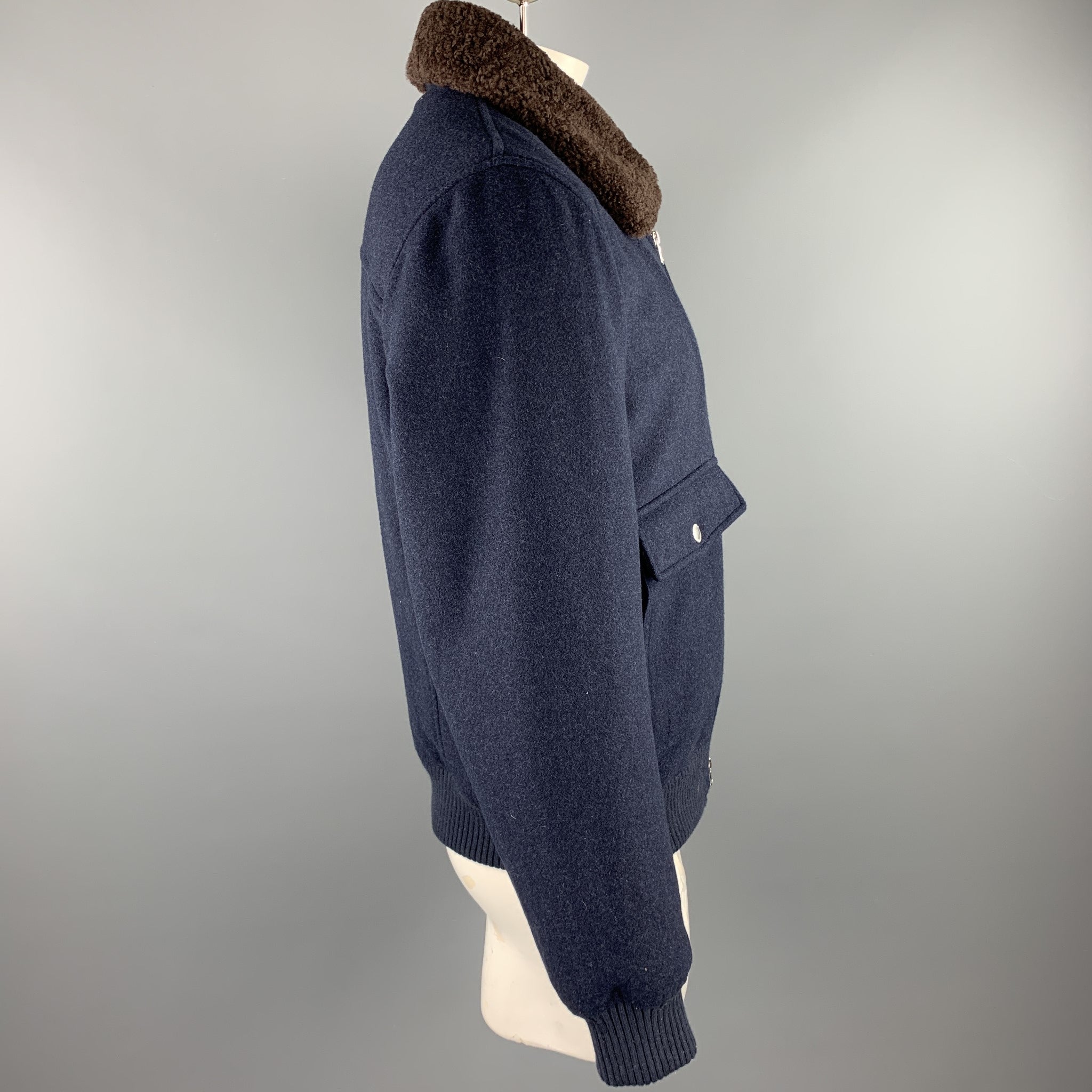 BRUNELLO CUCINELLI Size XL Navy Cashmere Zip Up Fur Collar