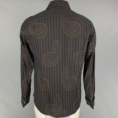 TED BAKER Size L Brown Black Stripe Cotton French Cuff Long Sleeve Shirt