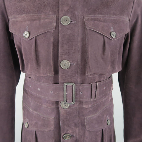 BURBERRY PRORSUM Printemps 2015 42 Veste ceinturée en daim violet aubergine avec poches plaquées