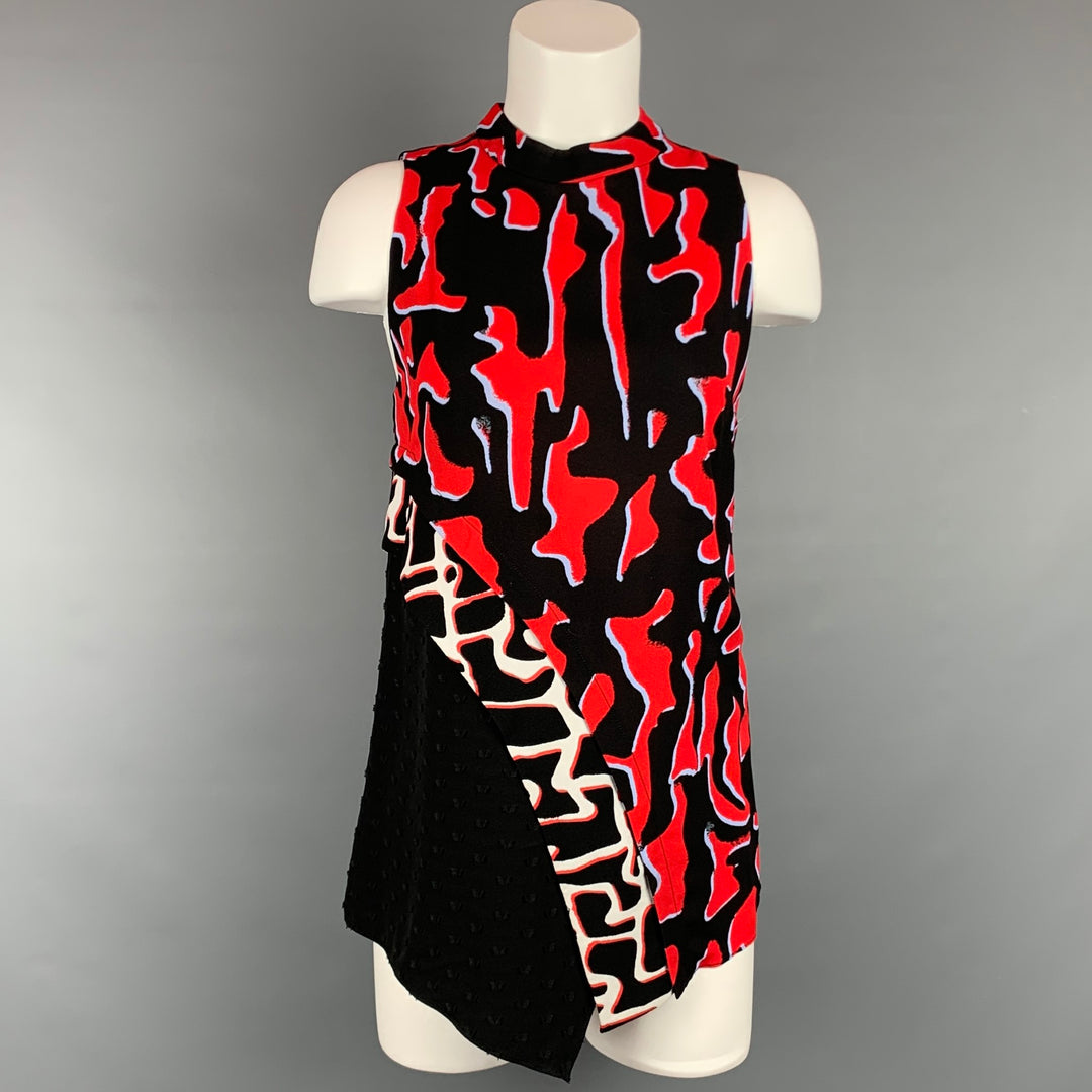 PROENZA SCHOULER Size 2 Black & Red Print Viscose Asymmetrical Blouse